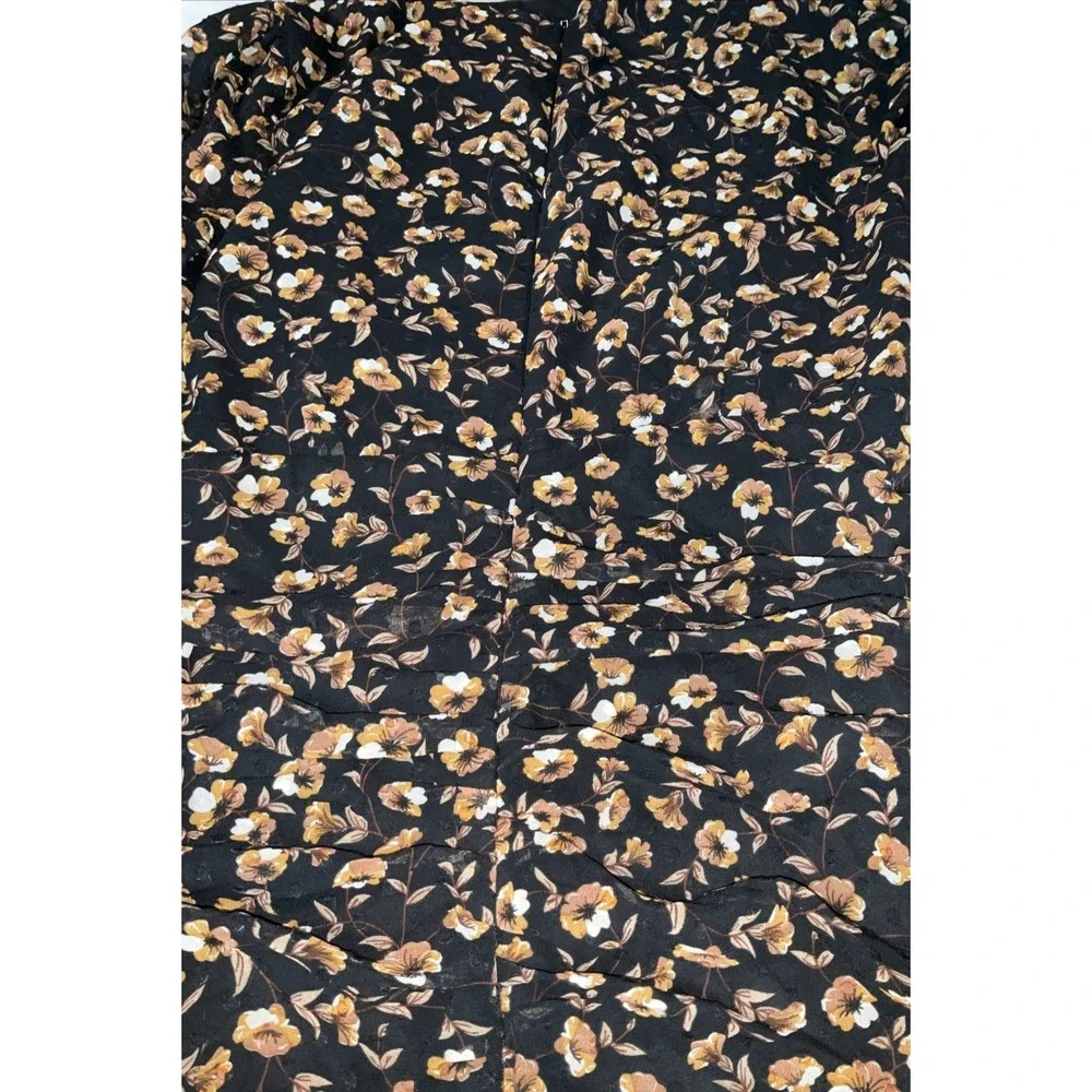 Storia  Dress Size S Mini Floral Long Sleeve ‎ Black Brown Ruched Swiss Dot Zip